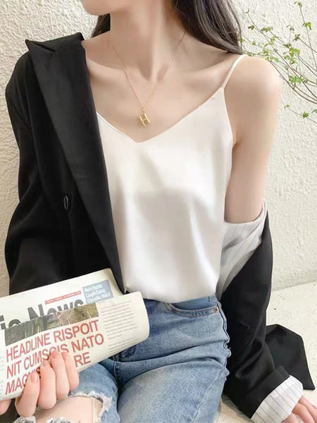 Temperament Women Camisole Silk Vest Sexy Sleeveless V Neck Design Suit Casual Halter Tops Top