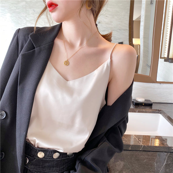 Temperament Women Camisole Silk Vest Sexy Sleeveless V Neck Design Suit Casual Halter Tops Top