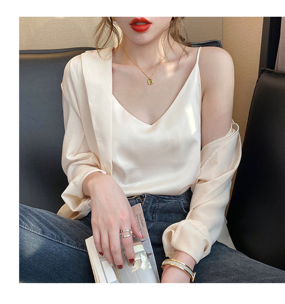 Temperament Women Camisole Silk Vest Sexy Sleeveless V Neck Design Suit Casual Halter Tops Top