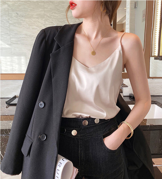 Temperament Women Camisole Silk Vest Sexy Sleeveless V Neck Design Suit Casual Halter Tops Top