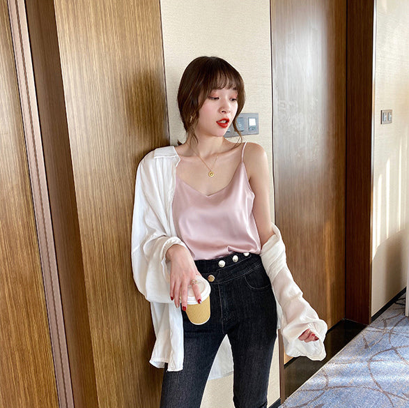 Temperament Women Camisole Silk Vest Sexy Sleeveless V Neck Design Suit Casual Halter Tops Top