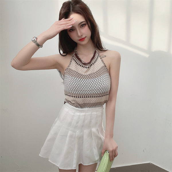 Sexy Design Women Casual Beach Outside Wear Sleeveless Geometric Pattern Camisole Halter Neck Tops Top