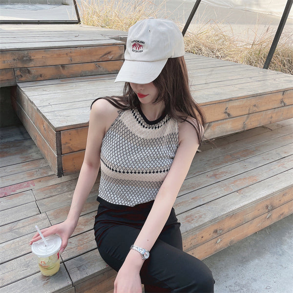 Sexy Design Women Casual Beach Outside Wear Sleeveless Geometric Pattern Camisole Halter Neck Tops Top