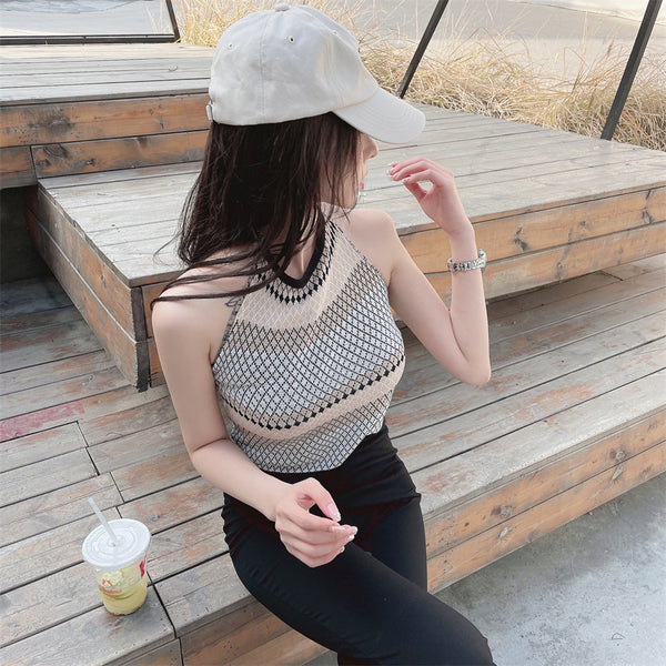 Sexy Design Women Casual Beach Outside Wear Sleeveless Geometric Pattern Camisole Halter Neck Tops Top