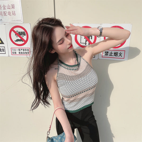 Sexy Design Women Casual Beach Outside Wear Sleeveless Geometric Pattern Camisole Halter Neck Tops Top