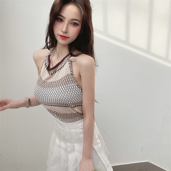 Sexy Design Women Casual Beach Outside Wear Sleeveless Geometric Pattern Camisole Halter Neck Tops Top