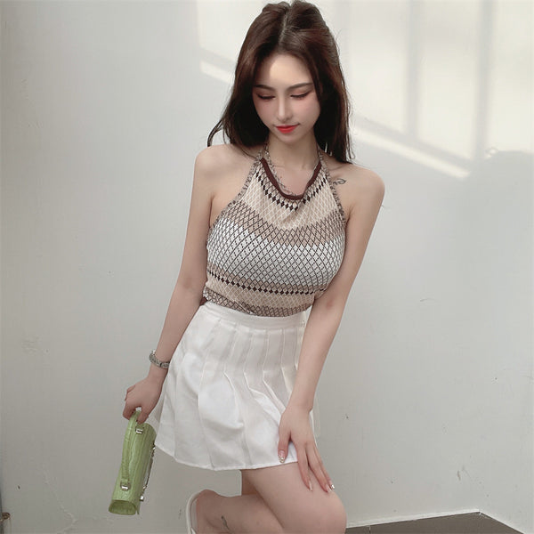 Sexy Design Women Casual Beach Outside Wear Sleeveless Geometric Pattern Camisole Halter Neck Tops Top