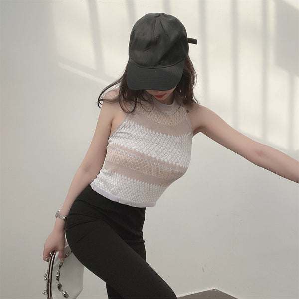 Sexy Design Women Casual Beach Outside Wear Sleeveless Geometric Pattern Camisole Halter Neck Tops Top