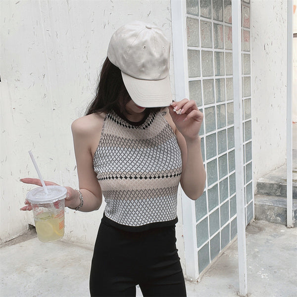 Sexy Design Women Casual Beach Outside Wear Sleeveless Geometric Pattern Camisole Halter Neck Tops Top