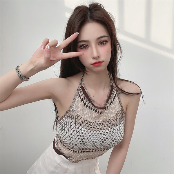 Sexy Design Women Casual Beach Outside Wear Sleeveless Geometric Pattern Camisole Halter Neck Tops Top