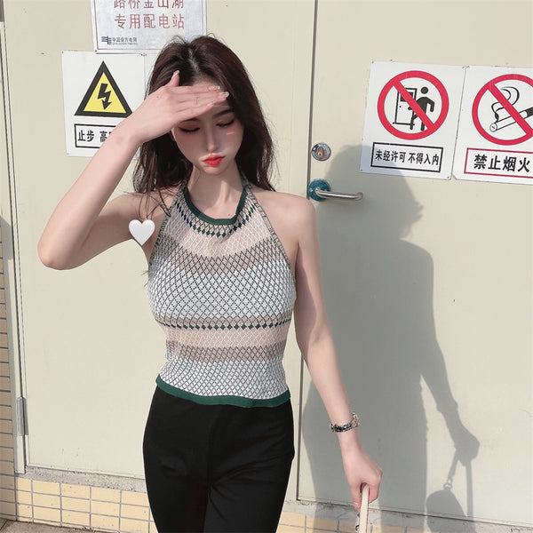 Sexy Design Women Casual Beach Outside Wear Sleeveless Geometric Pattern Camisole Halter Neck Tops Top