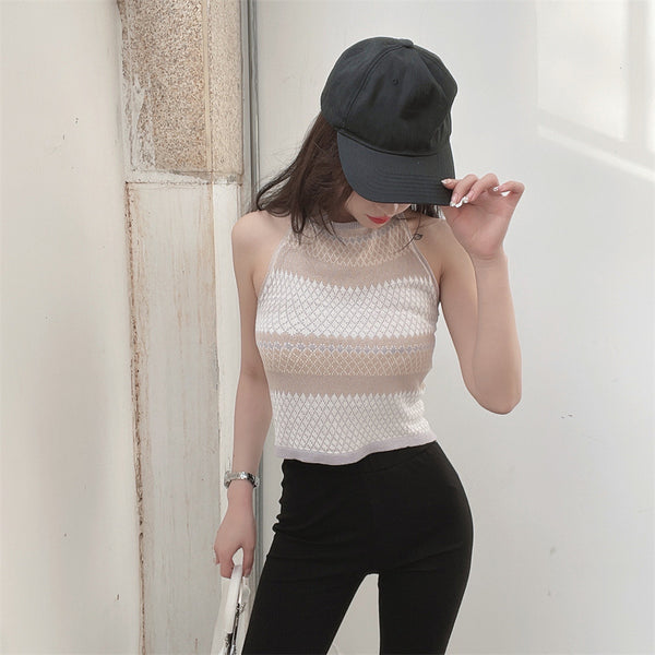 Sexy Design Women Casual Beach Outside Wear Sleeveless Geometric Pattern Camisole Halter Neck Tops Top