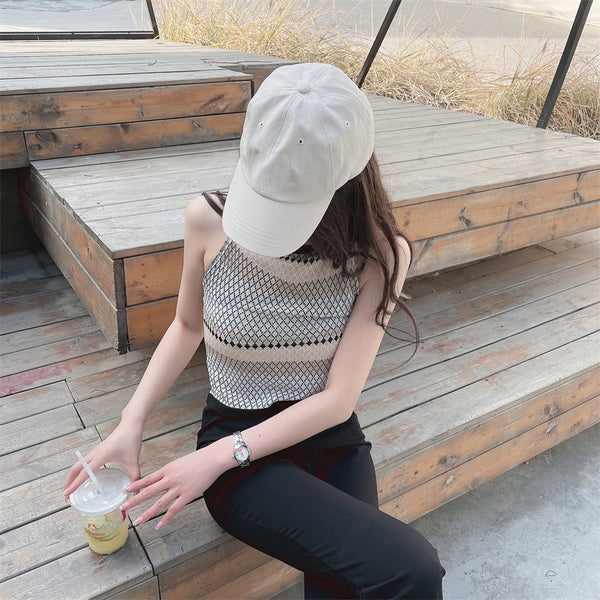 Sexy Design Women Casual Beach Outside Wear Sleeveless Geometric Pattern Camisole Halter Neck Tops Top