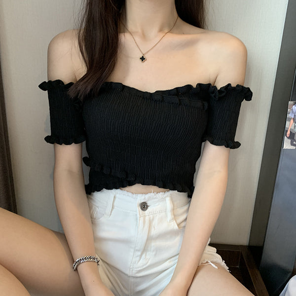 Summer Women Short Belly Squeezed Short Sleeves High Waist V Neck Off Shoulder Knitted Stripe Sweater Top