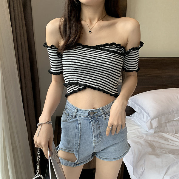 Summer Women Short Belly Squeezed Short Sleeves High Waist V Neck Off Shoulder Knitted Stripe Sweater Top