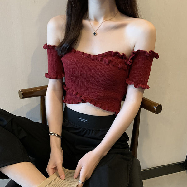 Summer Women Short Belly Squeezed Short Sleeves High Waist V Neck Off Shoulder Knitted Stripe Sweater Top