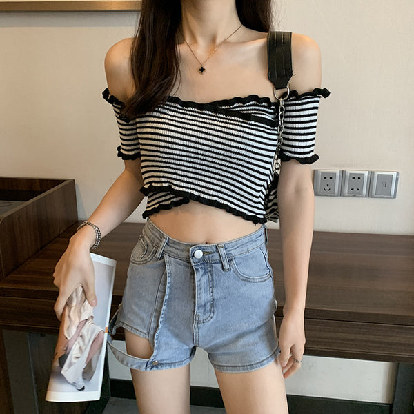 Summer Women Short Belly Squeezed Short Sleeves High Waist V Neck Off Shoulder Knitted Stripe Sweater Top