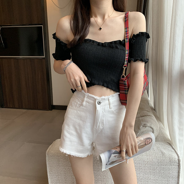 Summer Women Short Belly Squeezed Short Sleeves High Waist V Neck Off Shoulder Knitted Stripe Sweater Top