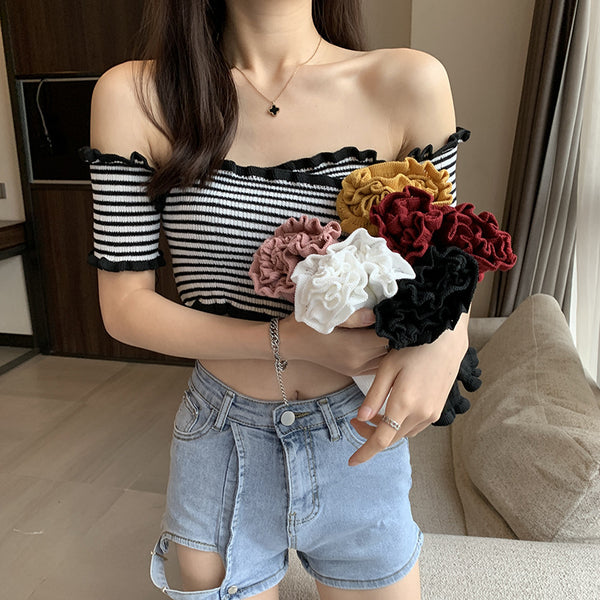 Summer Women Short Belly Squeezed Short Sleeves High Waist V Neck Off Shoulder Knitted Stripe Sweater Top