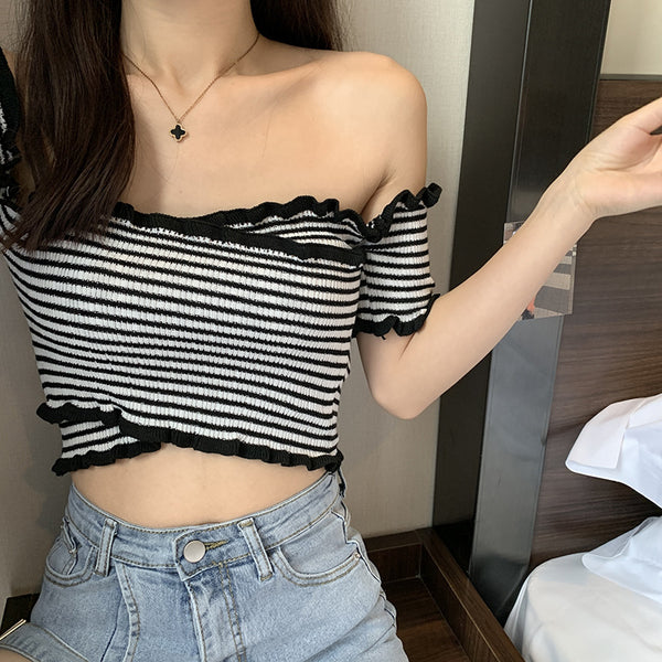 Summer Women Short Belly Squeezed Short Sleeves High Waist V Neck Off Shoulder Knitted Stripe Sweater Top