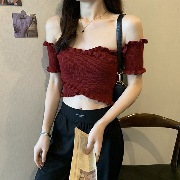 Summer Women Short Belly Squeezed Short Sleeves High Waist V Neck Off Shoulder Knitted Stripe Sweater Top