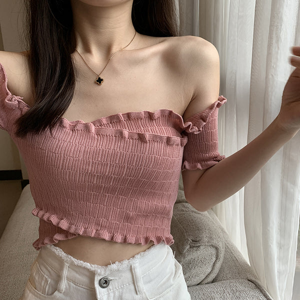 Summer Women Short Belly Squeezed Short Sleeves High Waist V Neck Off Shoulder Knitted Stripe Sweater Top