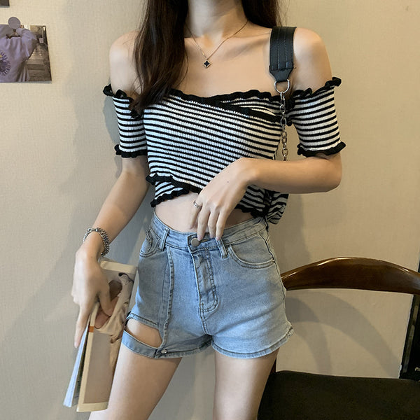 Summer Women Short Belly Squeezed Short Sleeves High Waist V Neck Off Shoulder Knitted Stripe Sweater Top