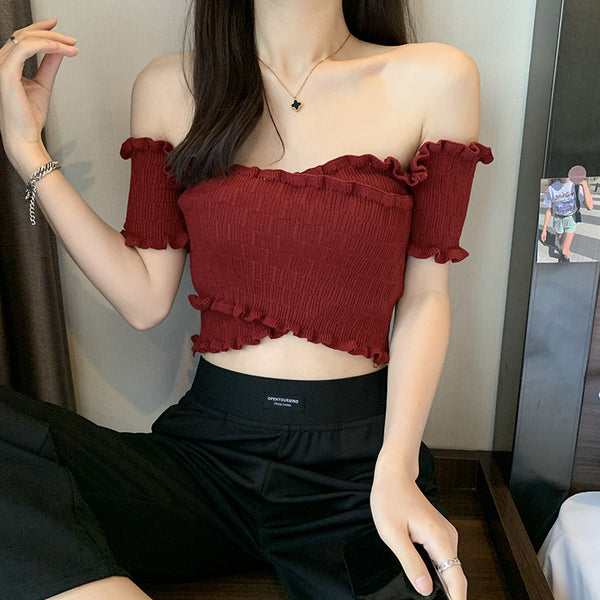 Summer Women Short Belly Squeezed Short Sleeves High Waist V Neck Off Shoulder Knitted Stripe Sweater Top