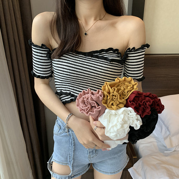 Summer Women Short Belly Squeezed Short Sleeves High Waist V Neck Off Shoulder Knitted Stripe Sweater Top