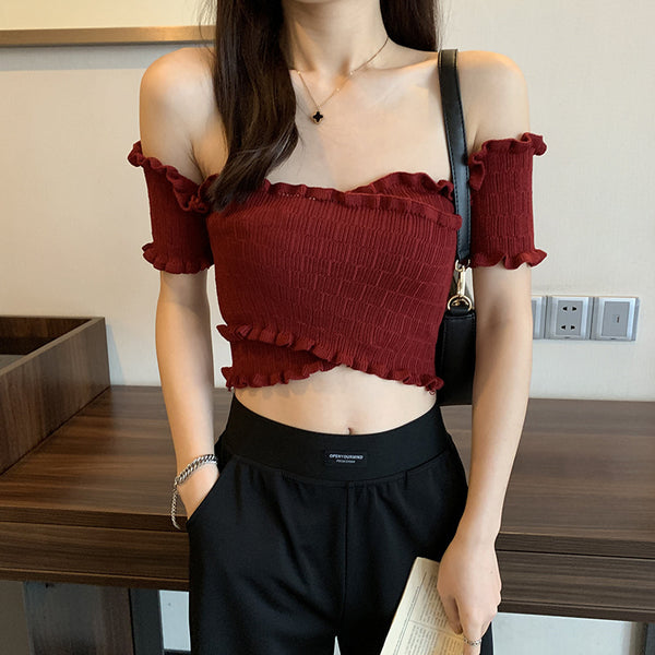 Summer Women Short Belly Squeezed Short Sleeves High Waist V Neck Off Shoulder Knitted Stripe Sweater Top