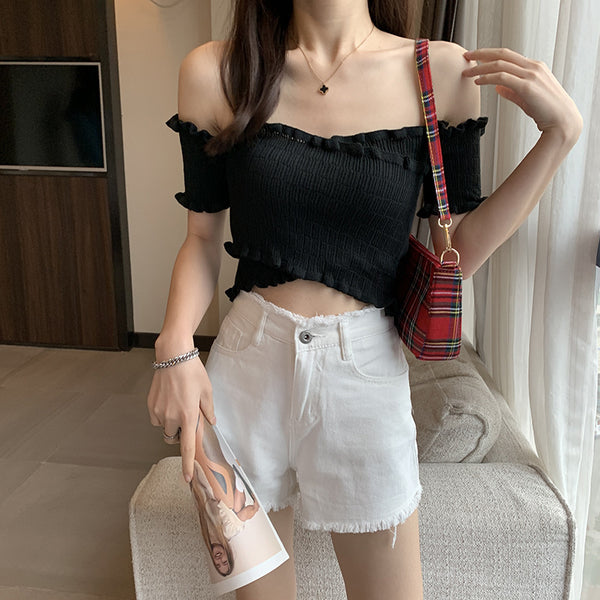 Summer Women Short Belly Squeezed Short Sleeves High Waist V Neck Off Shoulder Knitted Stripe Sweater Top