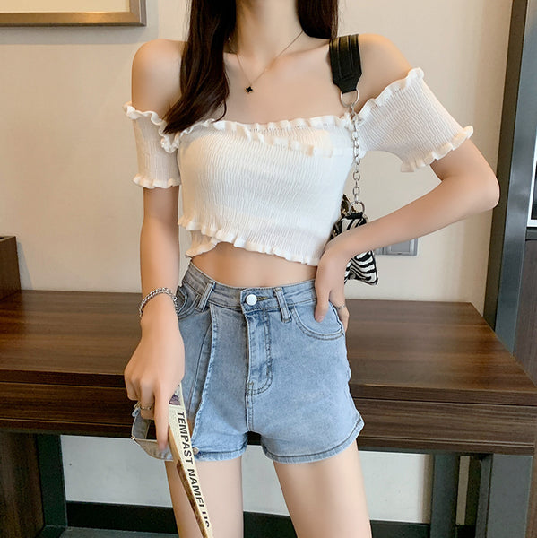Summer Women Short Belly Squeezed Short Sleeves High Waist V Neck Off Shoulder Knitted Stripe Sweater Top