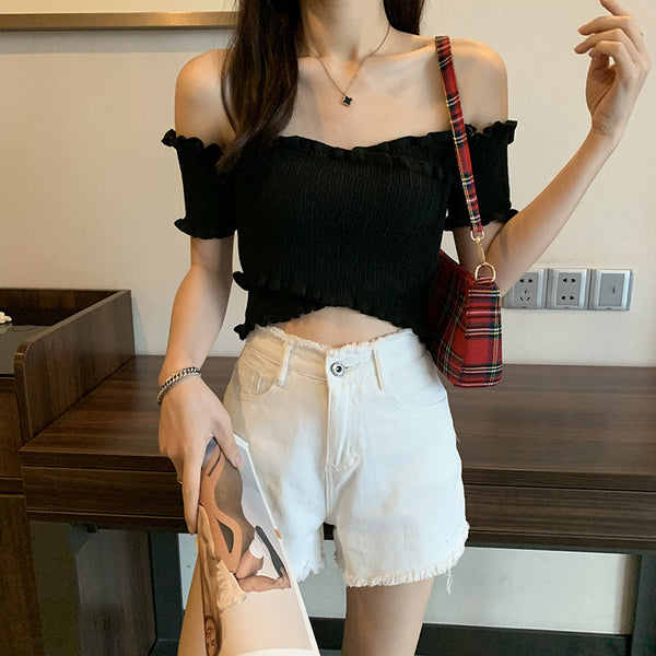 Summer Women Short Belly Squeezed Short Sleeves High Waist V Neck Off Shoulder Knitted Stripe Sweater Top