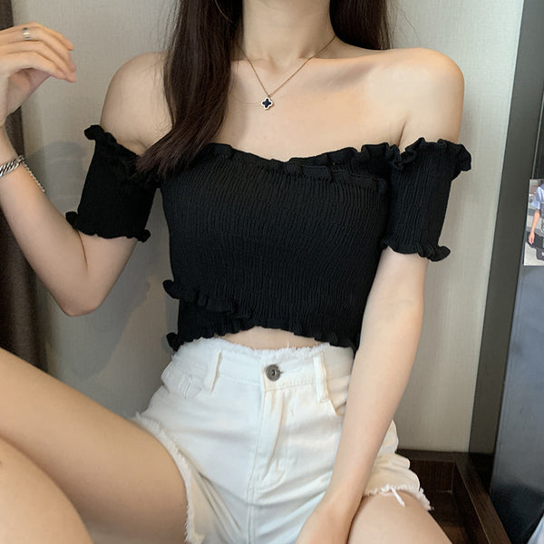 Summer Women Short Belly Squeezed Short Sleeves High Waist V Neck Off Shoulder Knitted Stripe Sweater Top