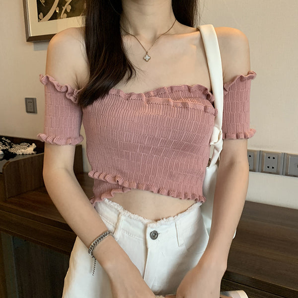 Summer Women Short Belly Squeezed Short Sleeves High Waist V Neck Off Shoulder Knitted Stripe Sweater Top