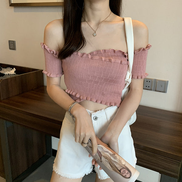 Summer Women Short Belly Squeezed Short Sleeves High Waist V Neck Off Shoulder Knitted Stripe Sweater Top