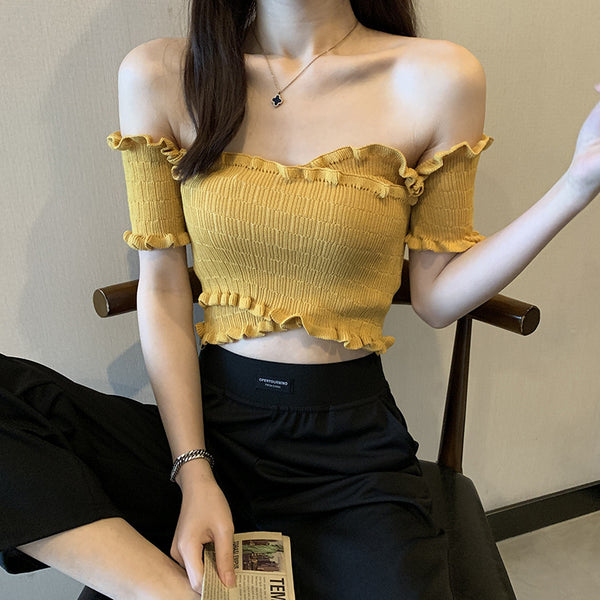 Summer Women Short Belly Squeezed Short Sleeves High Waist V Neck Off Shoulder Knitted Stripe Sweater Top