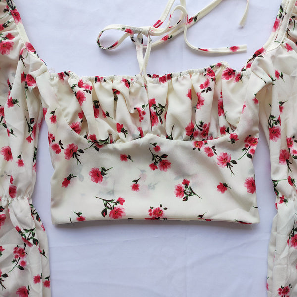 Trendy Fashion Summer Women Attractive Floral Printed Square Collar Puff Long Sleeves Crop Top