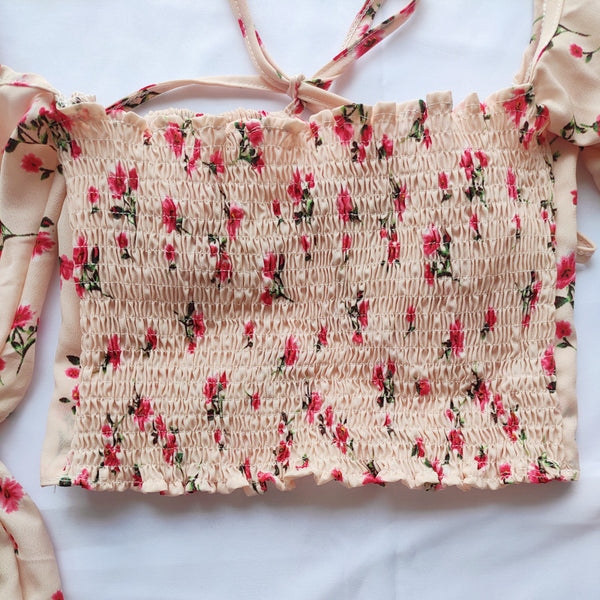 Trendy Fashion Summer Women Attractive Floral Printed Square Collar Puff Long Sleeves Crop Top