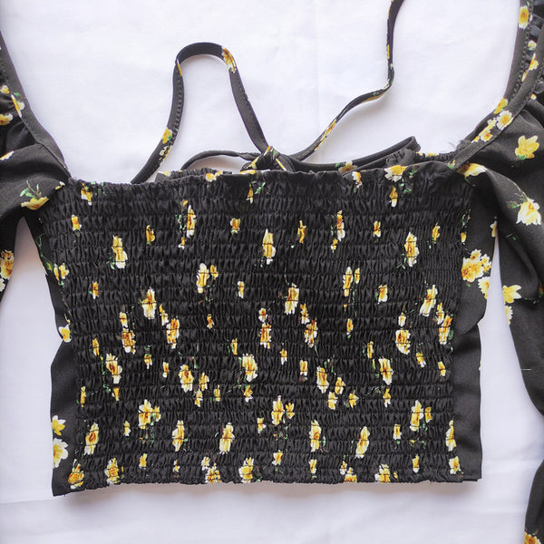 Trendy Fashion Summer Women Attractive Floral Printed Square Collar Puff Long Sleeves Crop Top