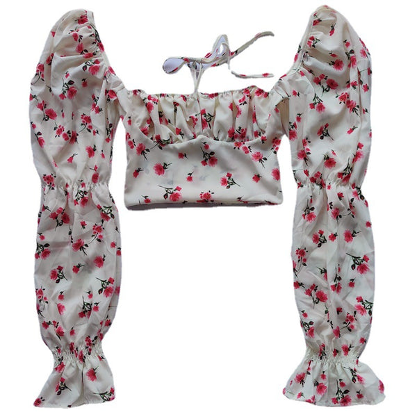 Trendy Fashion Summer Women Attractive Floral Printed Square Collar Puff Long Sleeves Crop Top
