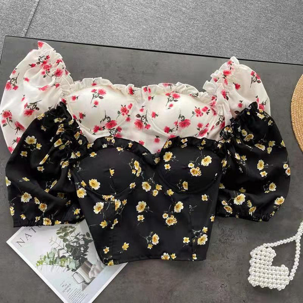 Trendy Fashion Summer Women Attractive Floral Printed Square Collar Puff Long Sleeves Crop Top