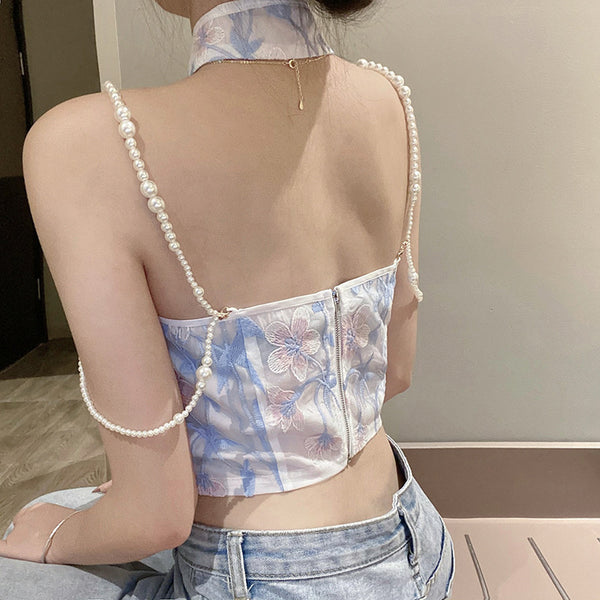 Elegant Sexy Beautiful Women Vintage Floral Print Embroidery Pearl Chain Buckle Halter Neck Collar Tank Top
