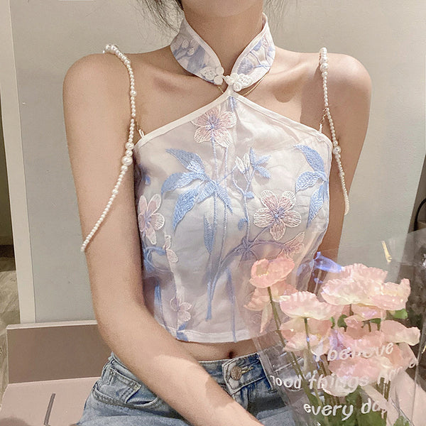 Elegant Sexy Beautiful Women Vintage Floral Print Embroidery Pearl Chain Buckle Halter Neck Collar Tank Top