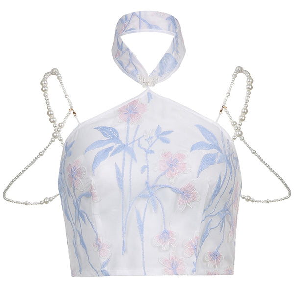 Elegant Sexy Beautiful Women Vintage Floral Print Embroidery Pearl Chain Buckle Halter Neck Collar Tank Top