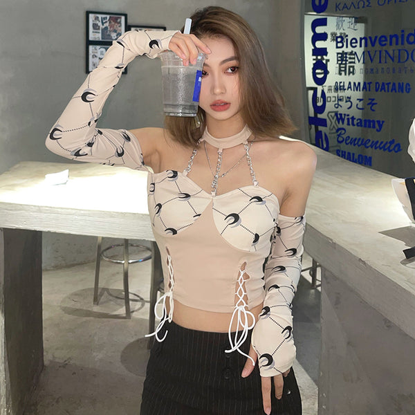 Sexy Trendy Fashion Women Halter Neck Printing Lace Up Chain Top Straps Decorative Detachable Sleeves Vest Tops