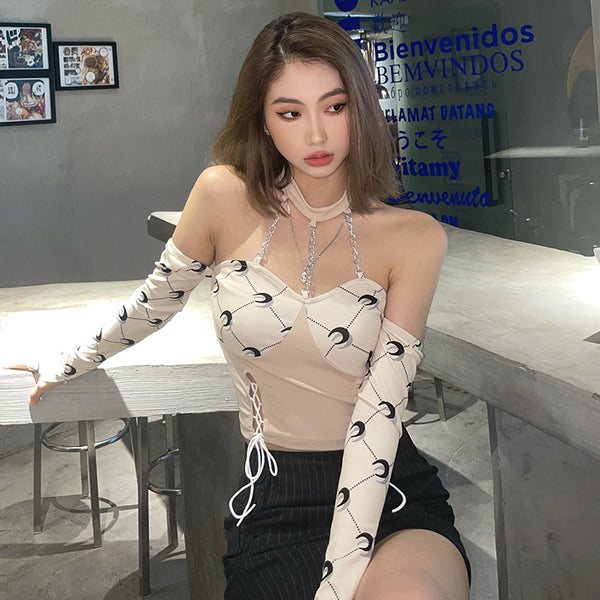 Sexy Trendy Fashion Women Halter Neck Printing Lace Up Chain Top Straps Decorative Detachable Sleeves Vest Tops