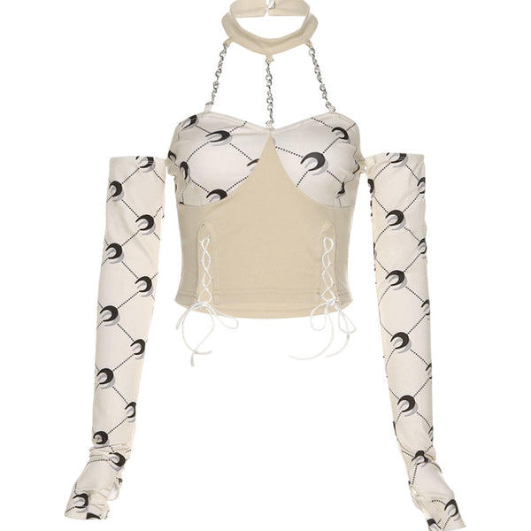 Sexy Trendy Fashion Women Halter Neck Printing Lace Up Chain Top Straps Decorative Detachable Sleeves Vest Tops