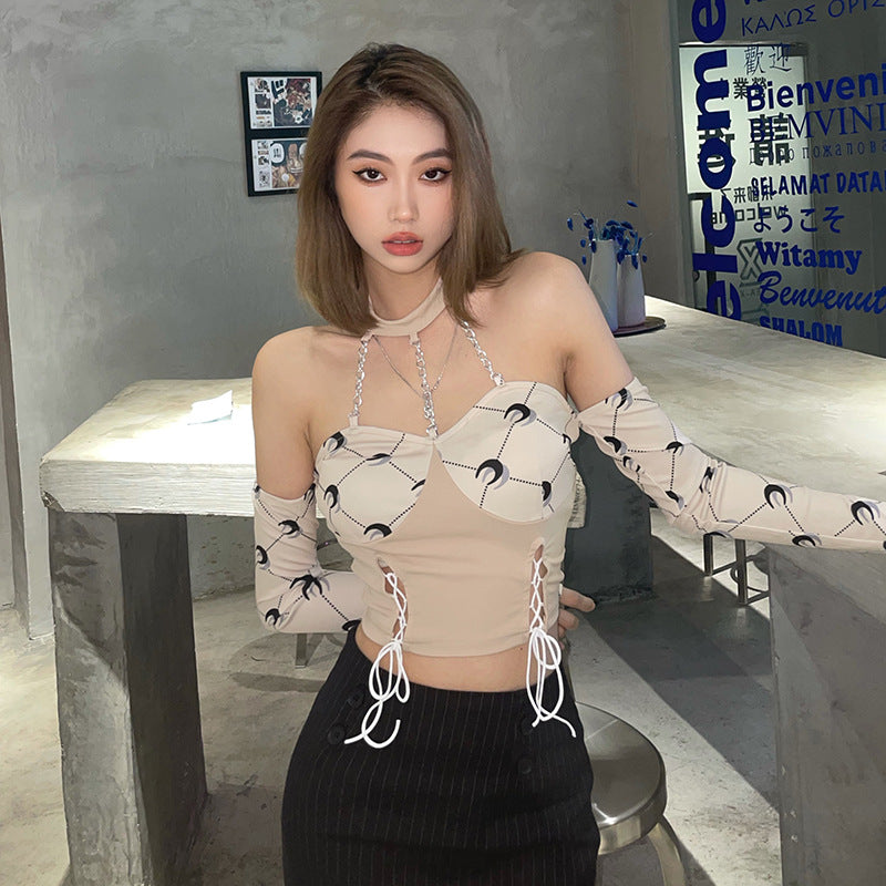 Sexy Trendy Fashion Women Halter Neck Printing Lace Up Chain Top Straps Decorative Detachable Sleeves Vest Tops