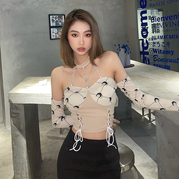 Sexy Trendy Fashion Women Halter Neck Printing Lace Up Chain Top Straps Decorative Detachable Sleeves Vest Tops